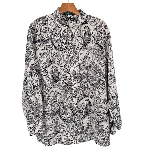 Lauren Ralph Lauren Womens Paisley Button-Down Shirt size 3X plus Black Cotton - Picture 1 of 14
